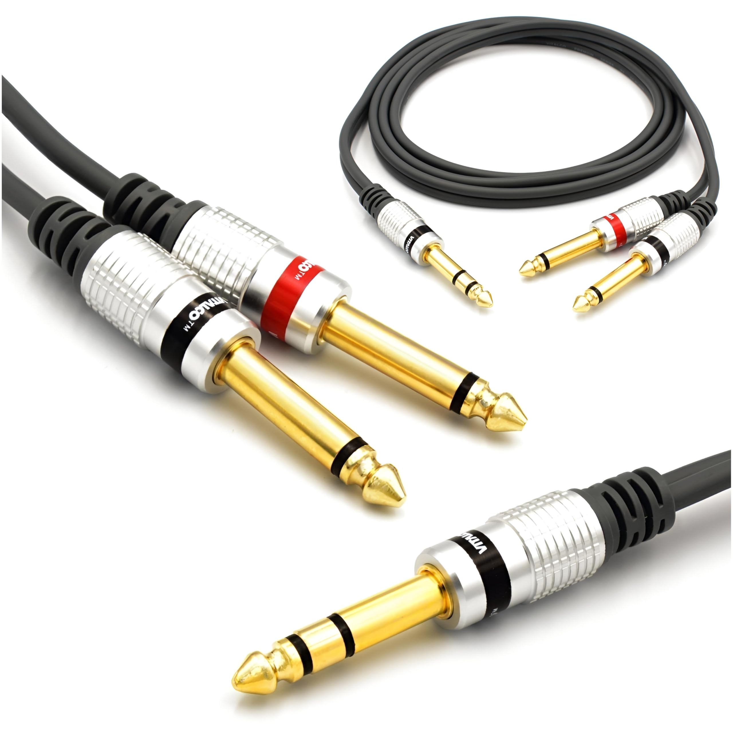 VITALCO 6.35mm to 2x 6.35 mm Cable 1.5m Y Splitter Insert Lead Jack TRS Stereo to Twin 6.3 1/4 Inch TS Mono Male to Male Plug Audio Adapter
