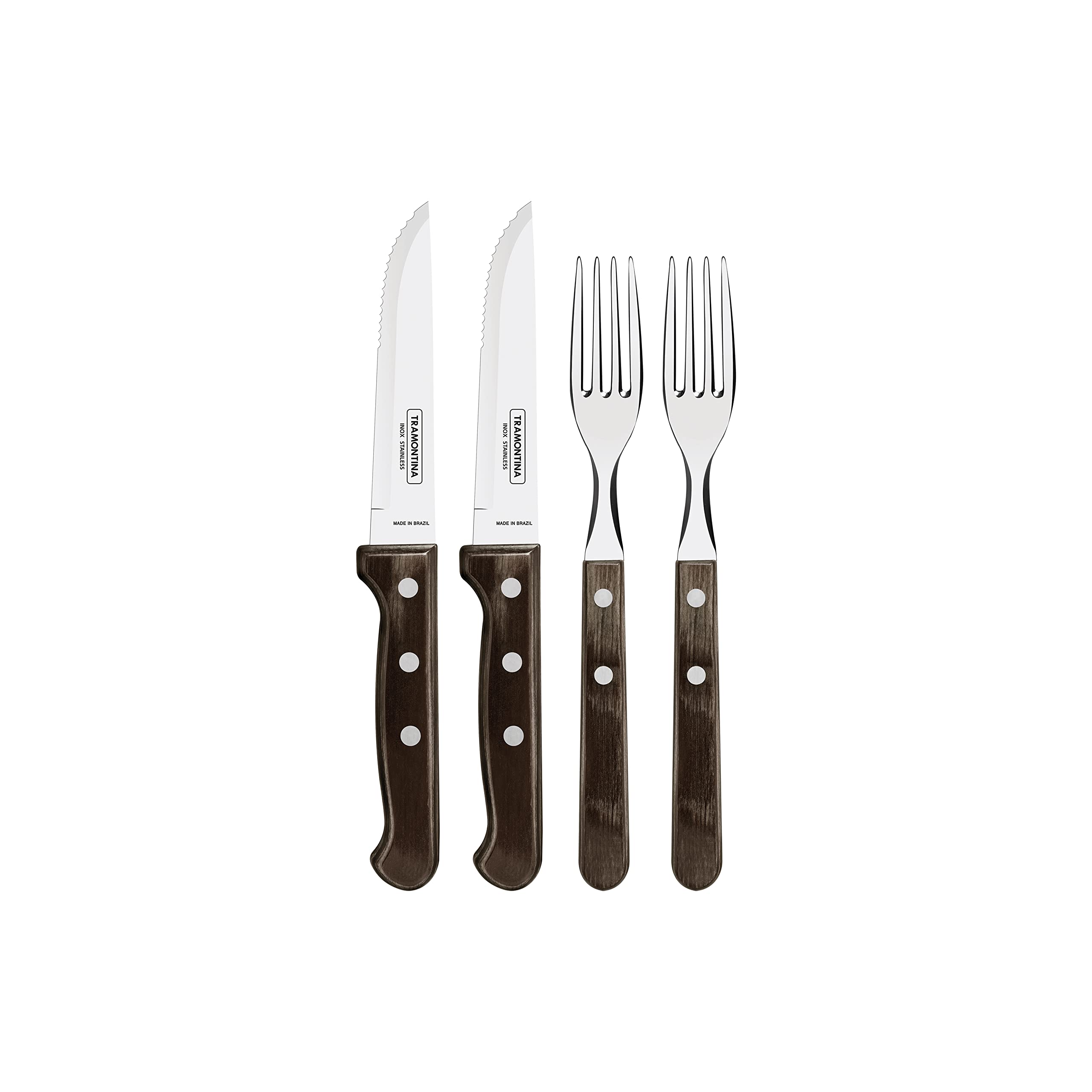 Tramontina Cutlery Set with Gaucho Steak Knives, 4 Piece Sharp Knife and Fork Set with Wooden Handles, ‎Camping, Kitchen, Rustic, Dishwasher Safe, 29899312