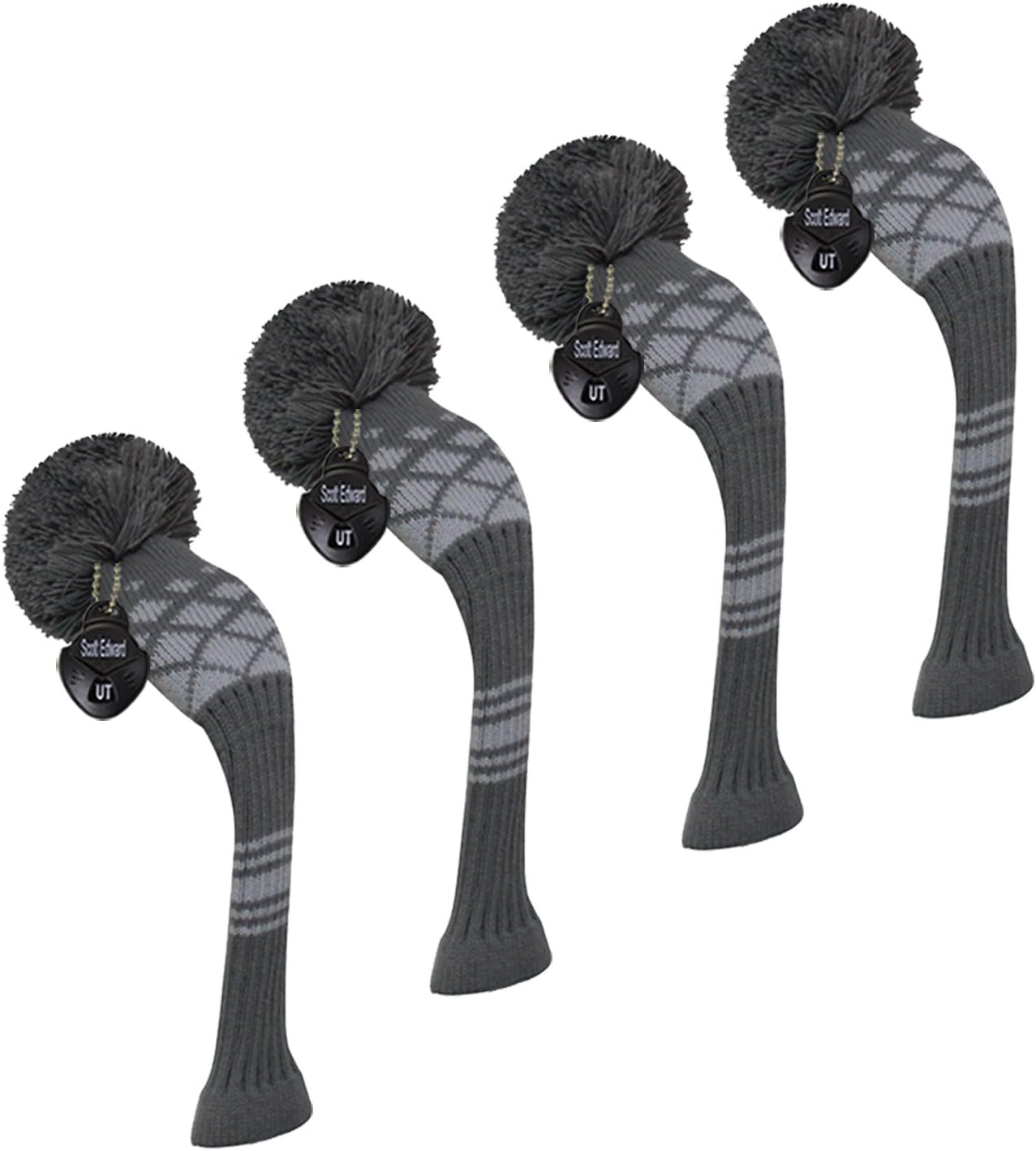 Scott Edward Golf Hybrid/Utilities Club Head Covers, 4 Pieces Packed, Reticulated Pattern,Acrylic Yarn Double-Layers Knitted, with Rotatable Number Tags (Gray)