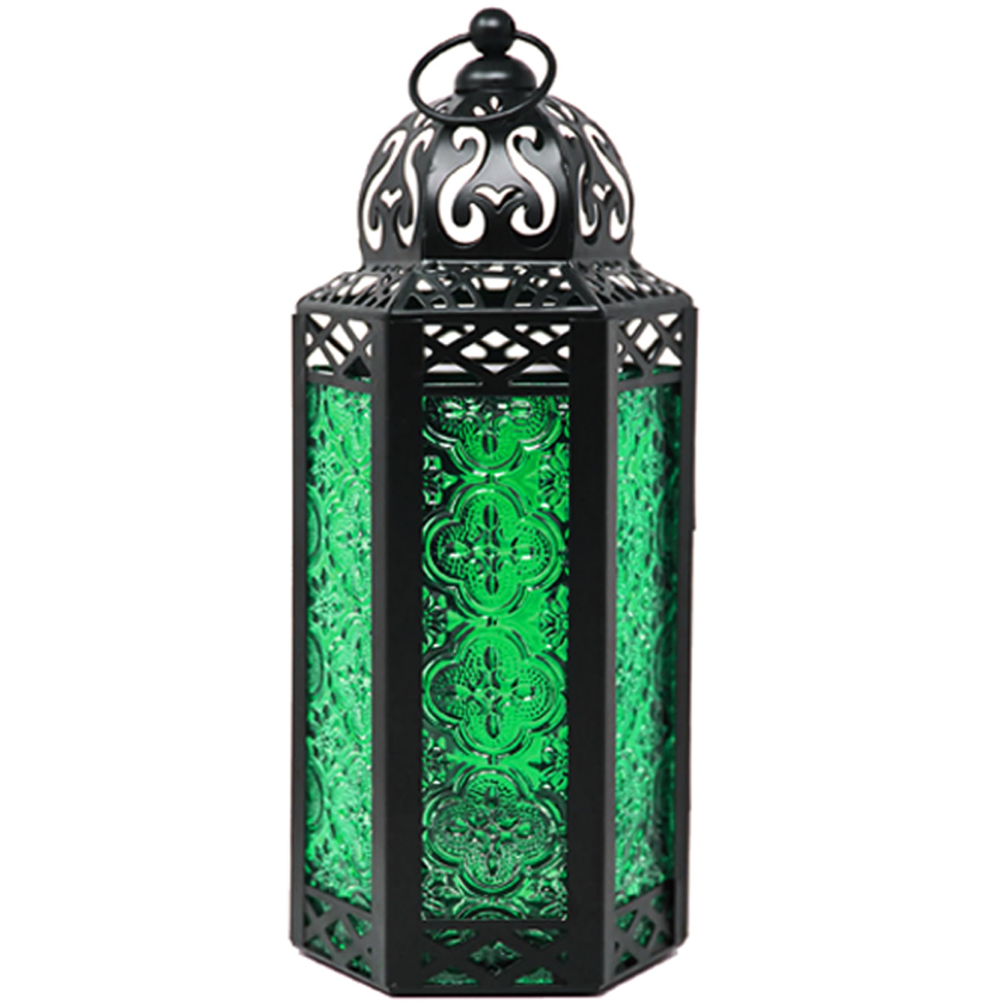 VELA LANTERNS Moroccan Candle Lantern Decorative Candle Holder Lamp for Indoor Outdoor, Ramadan, Home Decor, Patio, Weddings, Black Metal, Green Glass, Medium Lantern