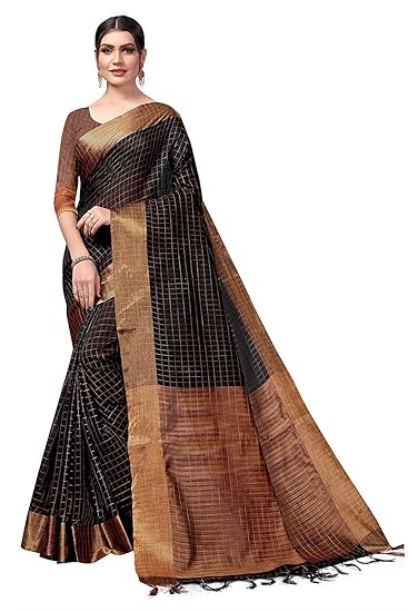 Hasti Womens Cotton Silk Saree With Free Blouse Piece(Black)