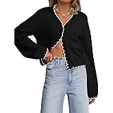 Mieazom Women Long Sleeve Cardigan Button Down Knit Jackets Open Front Cropped Contrast Color Trim Sweaters Fall Winter