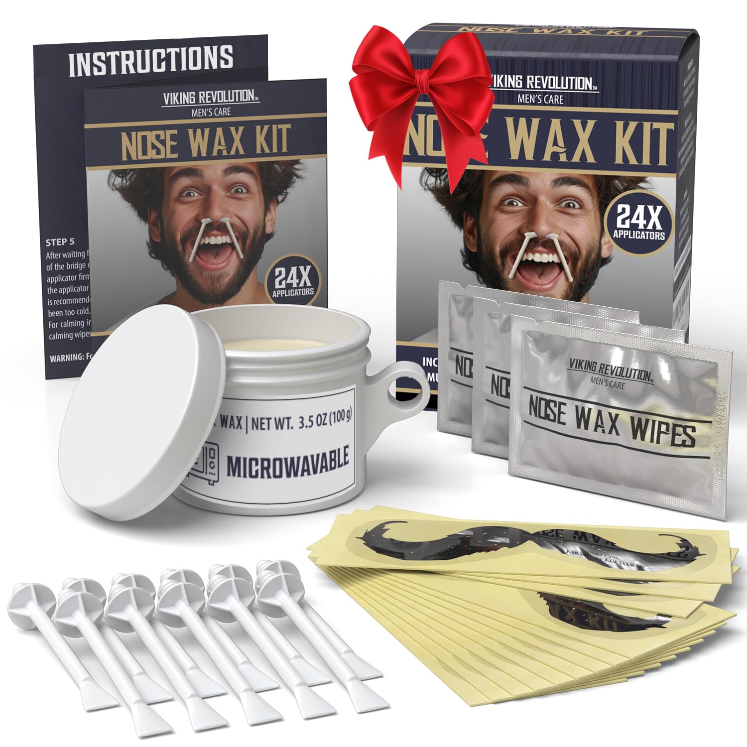 Viking Revolution Nose Hair Waxing Kit for Men - Quick Kit Men with 24 Wax Sticks - Nose Hair Wax Kit Includes Mustache Sticker Guard and Post-Wax Calming Wipes with Aloe Vera (3.5 oz)