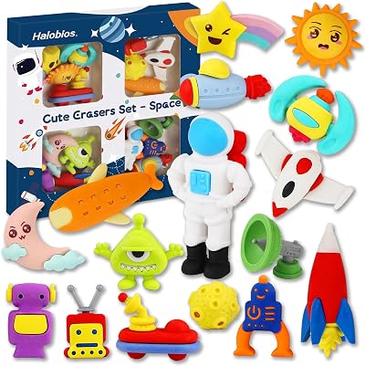Halobios Space Erasers Set for Kids 16 Puzzle Pencil Erasers Astronaut Rocket