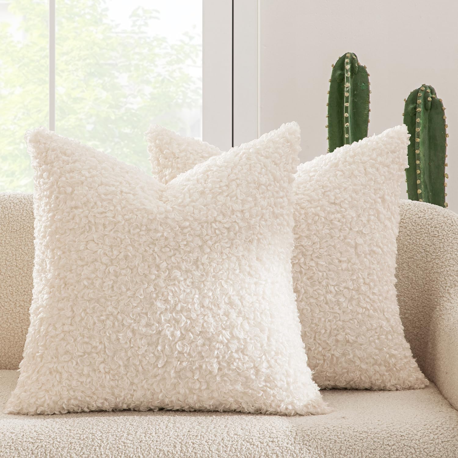 Photo 1 of MIULEE Pack of 2 Faux Fur Throw Pillow Covers 18x18 Inch Neutral White Boucle Decorative Sherpa Pillow Covers Fuzzy Accent Soft Sheepskin Fleece for Boho Home Decor Sofa Living Room Couch Bed