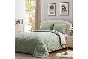 NexHome Lightweight Comforter Set King Size, Down Alternative Solid Comforter Sets Thin Microfiber Reversible Summer Bedding Comforter with 2 Pillow Sham (King, Sage Green/Beige)