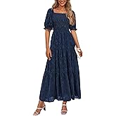 PRETTYGARDEN Women's 2026 Summer Casual Midi Dresses Square Neck Short Sleeve Smocked A Line Floral Flowy Elegant Boho Dress