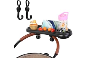 GUIQULAI Stroller Snack Tray, 3 in 1 Stroller Cup Holder with Phone Holder and 2 Pack Love Heart Hangers Stroller Tray Attachment for Baby Toddler Kids