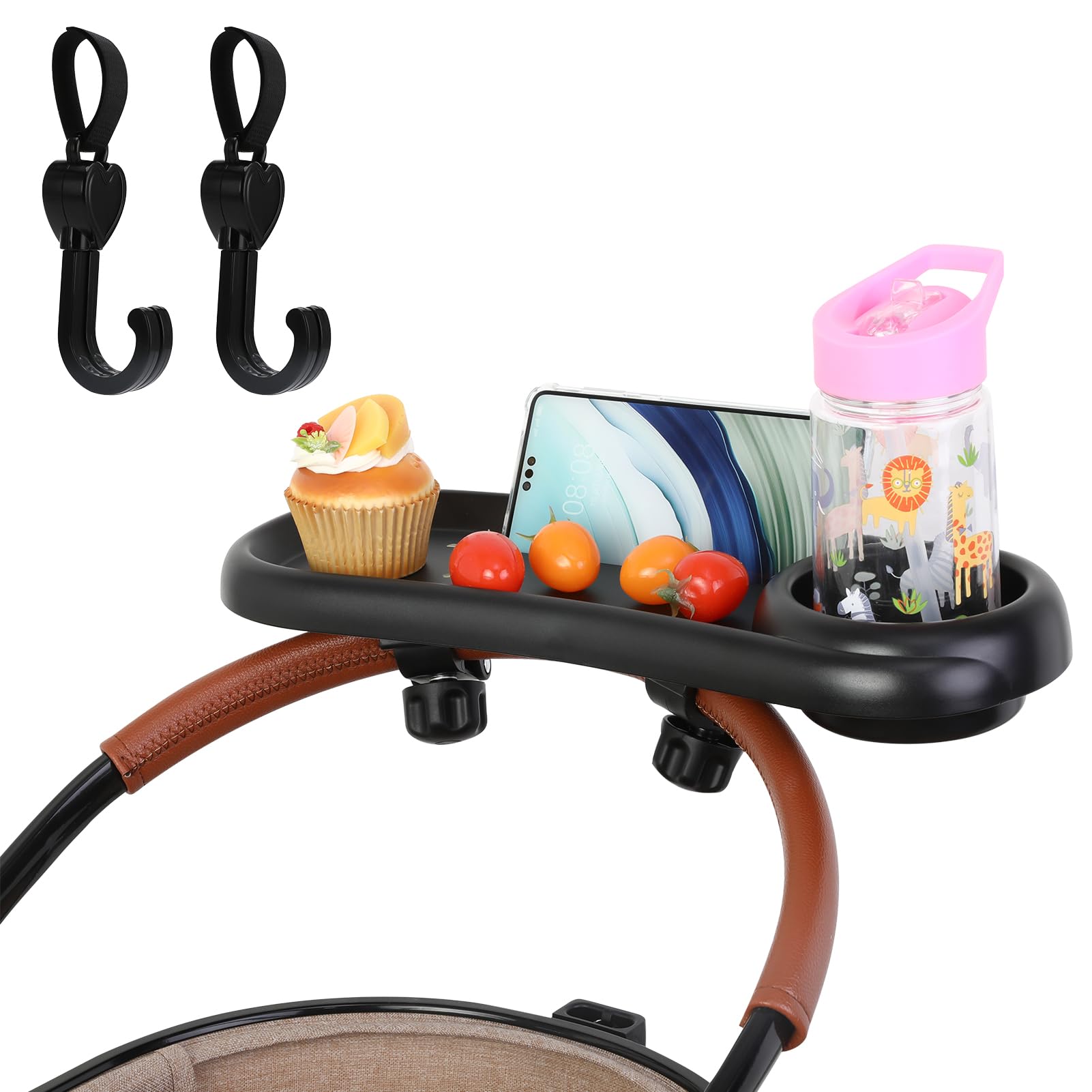 Photo 1 of Stroller Snack Tray, 3 in 1 Stroller Cup Holder with Phone Holder and 2 Pack Love Heart Hangers Stroller Tray Attachment for Baby Toddler Kids