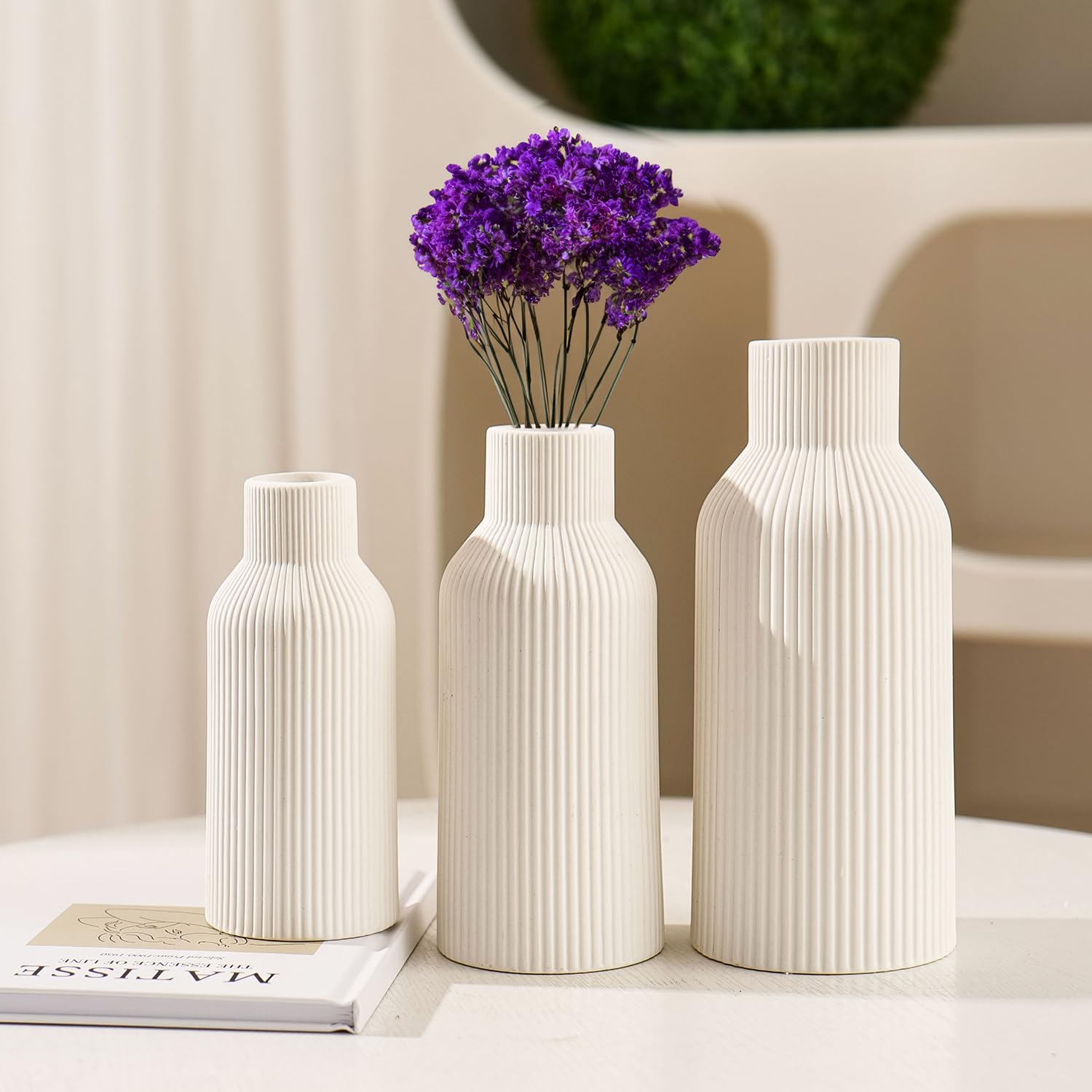 HEGELDA Vase, White Ceramic Vase Set of 3 - Minimalist Modern Home Decor for Desk, Shelf, and Table - Aesthetic Flower Vases for Entryway, Mantle, and Bookshelf (8" H, 6.8" H, 5.7" H) - Image 4