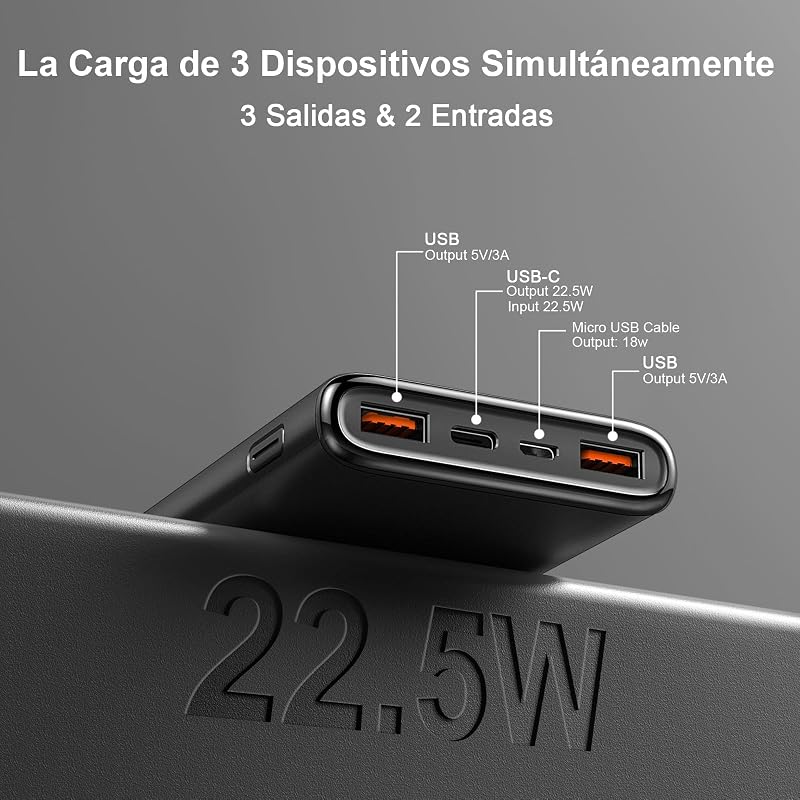 2026 Power Bank Fast Charging,Bateria Externa Carga Rapida 10000mAh 22.5W Cargador Portatil con Entrada y Salida USB C, Patalla LED para iPhone 17/16/15/14 Air Pro MAX Plus, para Samsung Android Negro — foto 3 de 7