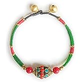 Tibetan Colorful Beaded Bracelet for Women, Copper Buddha Bracelet for Karma and Luck, Vintage Boho Protection Healing Jewelry with Bell Closure