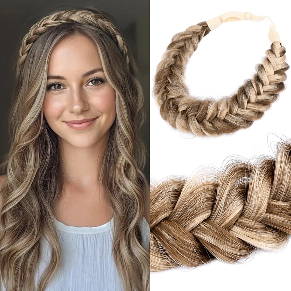 Gledola Messy Synthetic Hair Braided Headband Classic Chunky Wide Plaited Headband for Women Girl Beauty (Highlighted) — image 1