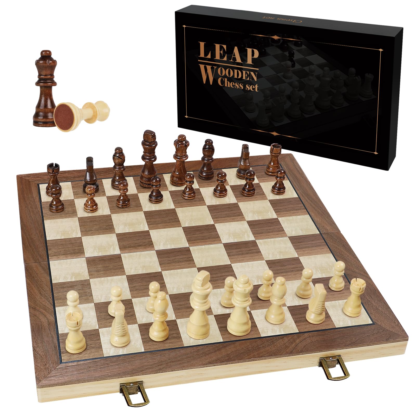 LEAP Magnetic Wooden Chess Set - 39cm Foldable Board, 7.62cm King Height, Travel Storage Slots with 2 Extra Pieces for Adults