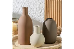 OOIT Ceramic Vases Set of 3, Modern Neutral Vase Rustic Farmhouse Vases Home Decor Pottery Pampas Vase Decoration Flowers Vases for Room Decor, Living Room, Table, Kitchen, Bathroom, Bedroom - Brown