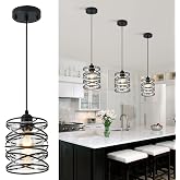 Spiral Black Pendant Lights Kitchen Island, Seeded Glass Shade, 6.3Inch | Metal Cage Pendant Lighting Handblown Seeded Glass Ceiling Hanging Light Adjustable Cord Lamp for Dining Room Foyer Hallway