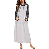 Ekouaer Nightgowns for Women Cotton Nightgown Long Sleeve Hooded Night Gown Contrast Color Full Length Loungewear with Pocket
