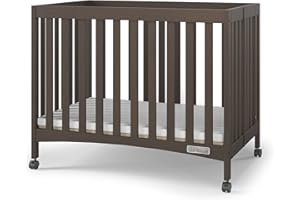 Child Craft London Mini Compact Folding Portable Crib with 2” Crib Mattress and 2 Easy Roll Locking Wheels, Durable Pine Wood Construction (Dapper Gray)