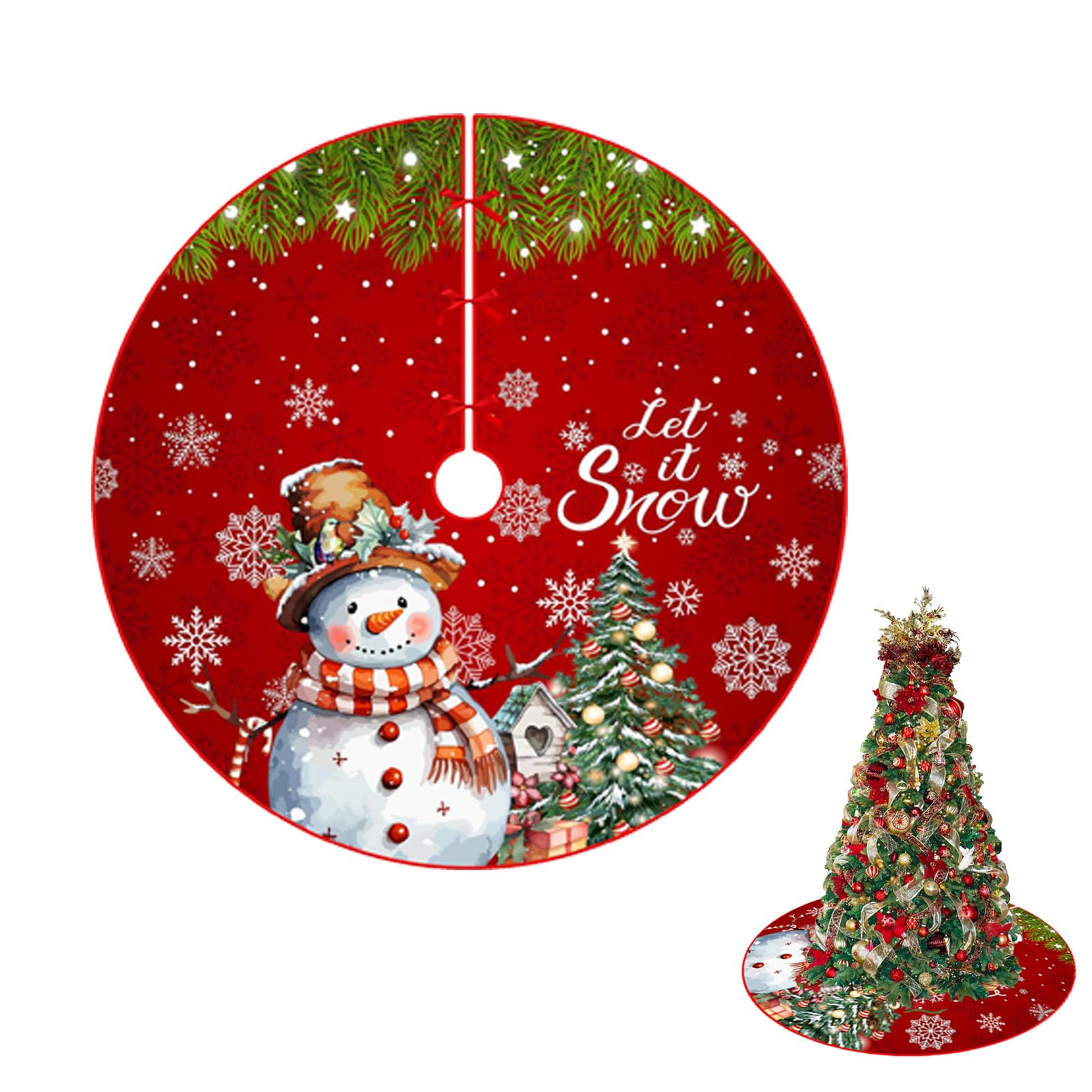 90cm Christmas Tree Skirt - Burgundy Red Cable Knitted Xmas Tree Mat with Snowflakes and Snowman