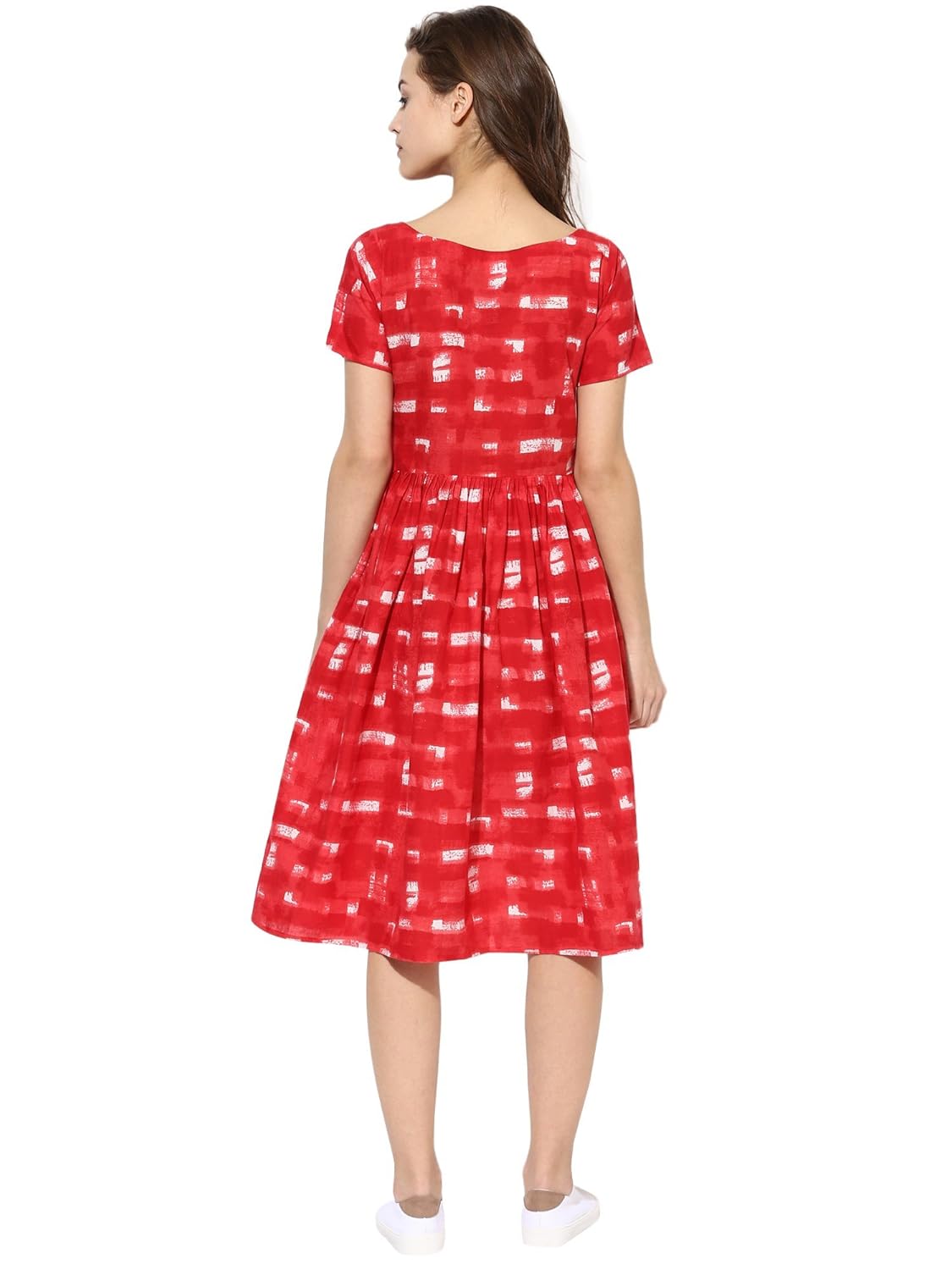 ahalyaa red cotton flare pull over frilled flared summer dress
