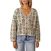 Saodimallsu Womens Floral Print V Neck Cardigan Open Front Button Down Knit Sweater Long Sleeve Loose Fashion Tops