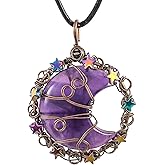 TUMBEELLUWA Crescent Moon Star Crystal Necklace for Women Men Reiki Healing Stone Copper Wire Wrapped Pendant with Adjustable Cord