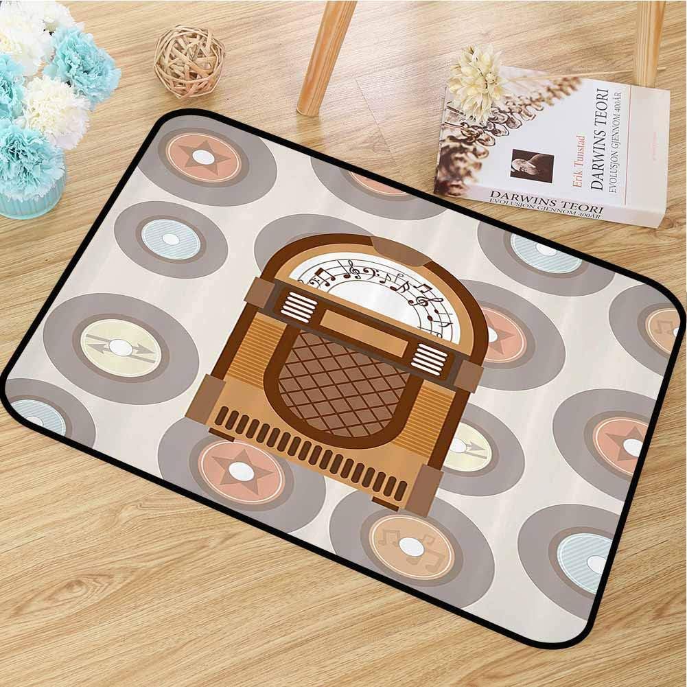 Absorbing dust Door mat Jukebox Placed in The Indoor Entrance Passage Pick Up Music with Vintage Abstract Long Players Backdrop W16 x L24 Brown Light Coffee Grey and Peach