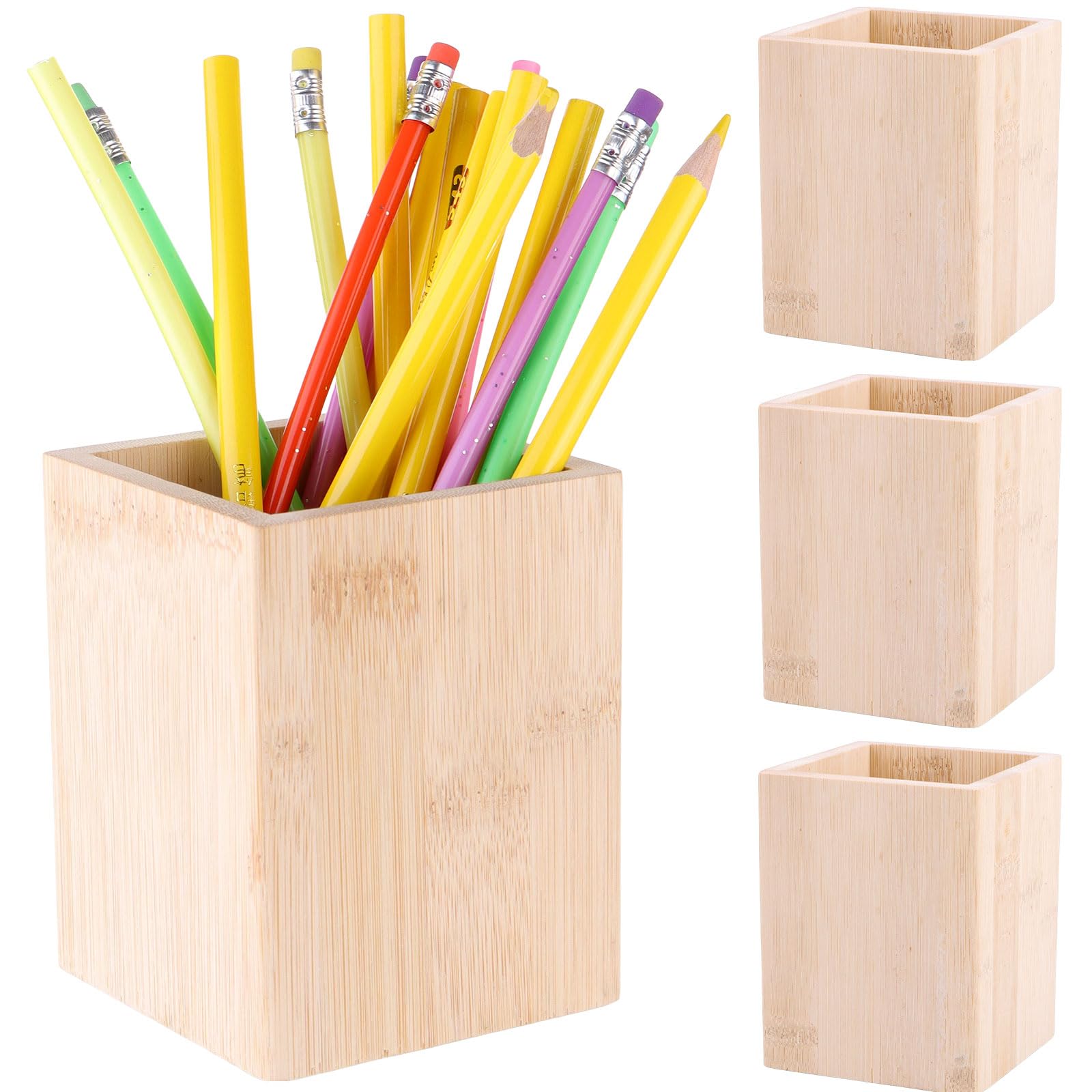 ULELE 4 Pcs Bamboo Pen Holder Wooden Pen Pot, Pencil Holder for Desk,Square Pencil Organizer Pencil Vase Desk Tidy Cosmetics Display Brush Storage for School Home Office Desk Accessory