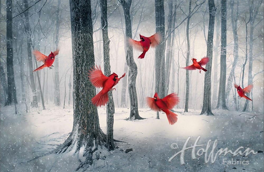 Cardinal/Snowy Forest Fabric Panel - Call of The Wild Digital Print - 27" x 44" - 100% Cotton Quilt Fabric