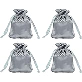 MECCANIXITY Satin Bags with Drawstring, 3x4 Inch Wedding Favor Bag Mini Gift Packaging Bag for Birthday Christmas Jewelry Party (Grey, Pack of 4)