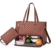 LOVEVOOK Lunch Tote Bag for Women, 15.6 Inch Laptop Bag with Insulated Lunch Compartment, Quilted Large Capacity Computer Handbag with Purse for Business, Work, Nurse, Collage, Office, Casual, Brown