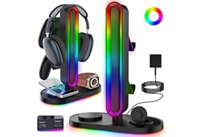 MIRODDI RGB Headset Stand with Wireless Charger, 8-in-1 Charging Station for iPhone, Samsung, Apple Watch Type-C/USB Ports, Gaming Headphone & Controllers Holder, Organizer for Desk Includes 20W PD Adapter