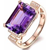 Htayekog 925 Sterling Silver Womens Rectangle Purple Gemstone CZ Ring Fashion 18K Rose Gold Natural Amethyst Ring Shiny Cubic Zirconia Diamond Ring Eternity Engagement Wedding Band Promise Ring