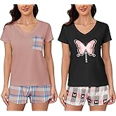 YIJIU 2 Pack Womens Pajama Sets Short Sleeve Top with Shorts Sleepwear Printed Pjs Set Soft Loungewear