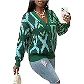 WDIRARA Women's Button Down Cardigan Sweaters Geometric Pattern V Neck Long Sleeve Knit Outerwear