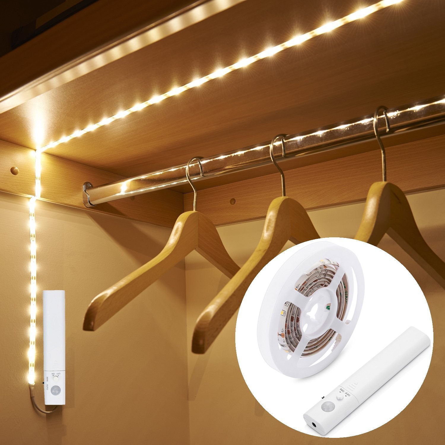 LUXJET Motion Sensor Closet Lights, Flexible LED Strip Kit with Motion Activated Rope Light for Bed, Bedroom, Under Cabinet, Warm White 3000K (4 AAA Batteries Operated, Not Included)