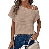 Dokotoo Womens Summer Tops Off One Shoulder Waffle Knit Short Sleeve T-Shirts Casual Lightweight Solid Color Blouses