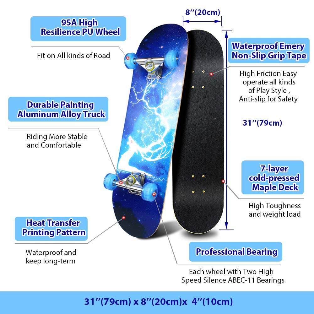 Easy_Way Complete Skateboards- Standard Skateboards for Beginners Kids Boys Girls Teenager- 31''x 8''Canadian Maple Cruiser Pro Skate Board, Skateboards