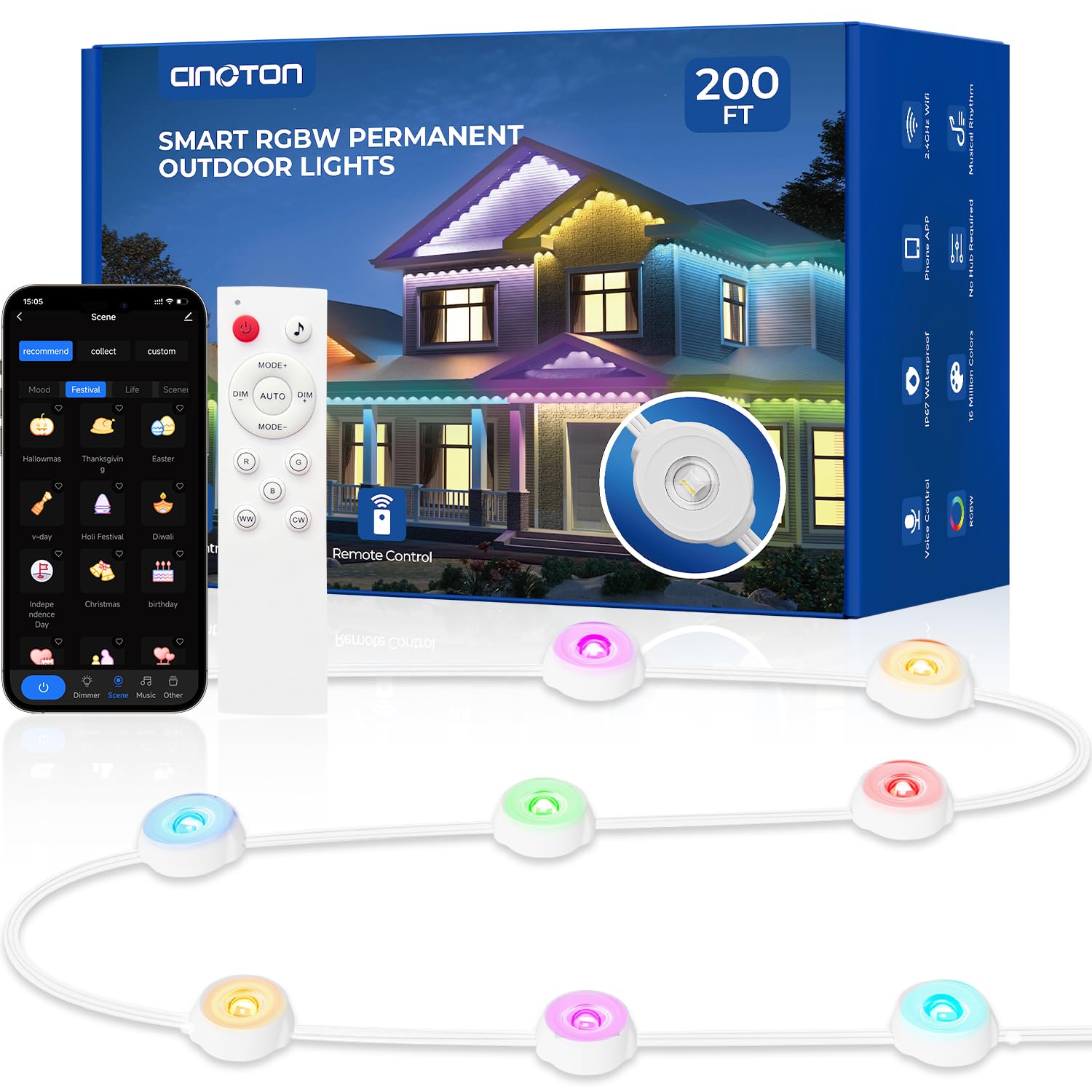Photo 1 of CINOTON Permanent Outdoor Lights 200ft, Smart RGBW+IC Eaves Lights with 120LEDs, IP67 Waterproof, 111 Scene Modes for Daily and Festival, Halloween Christmas Holiday Decor, APP/Voice/Remote Control