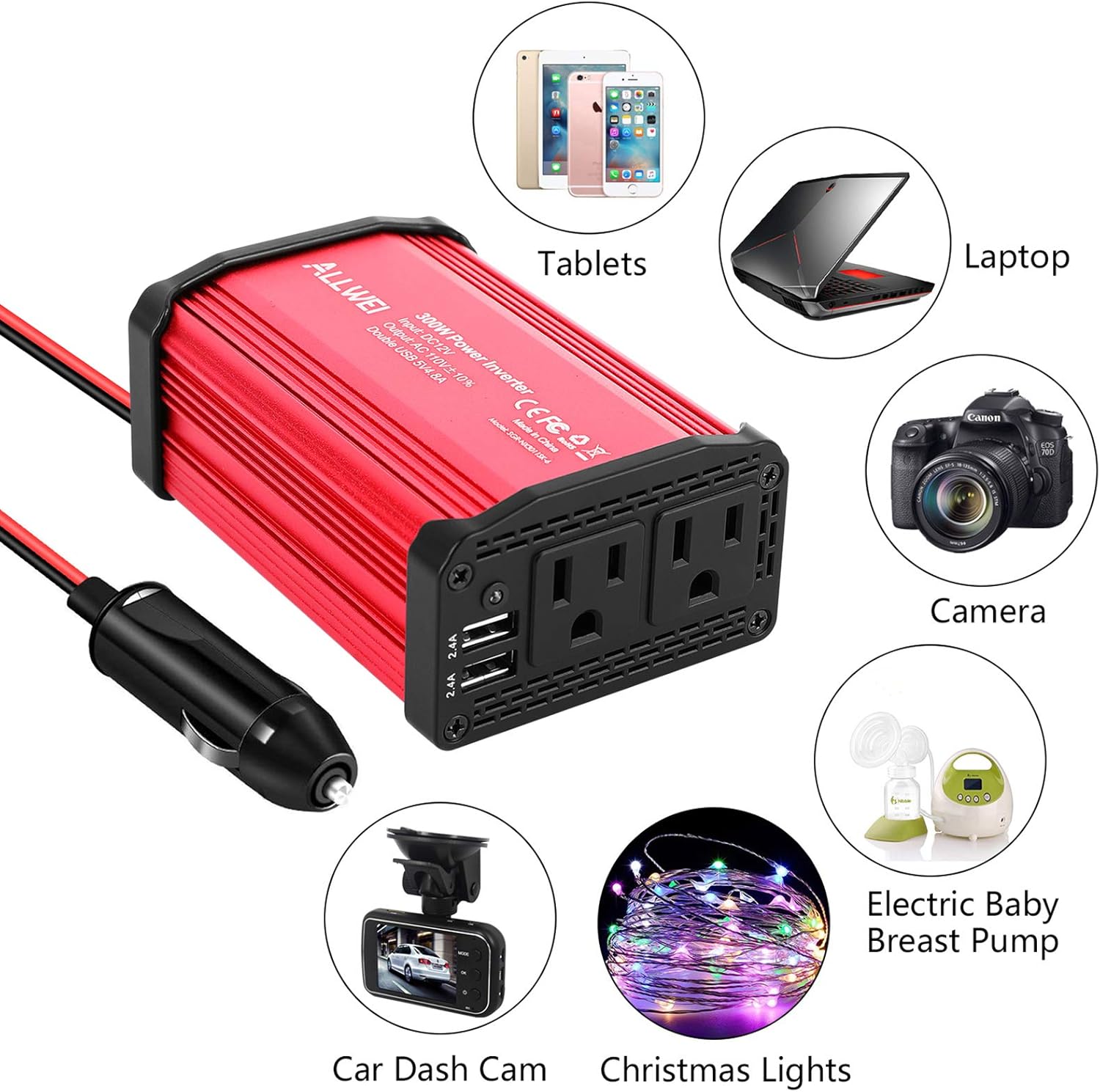 300W Car Power Inverter DC 12V to 110V AC Converter 4.8A Dual USB Charging Ports Car Charger Adapter: Automotive