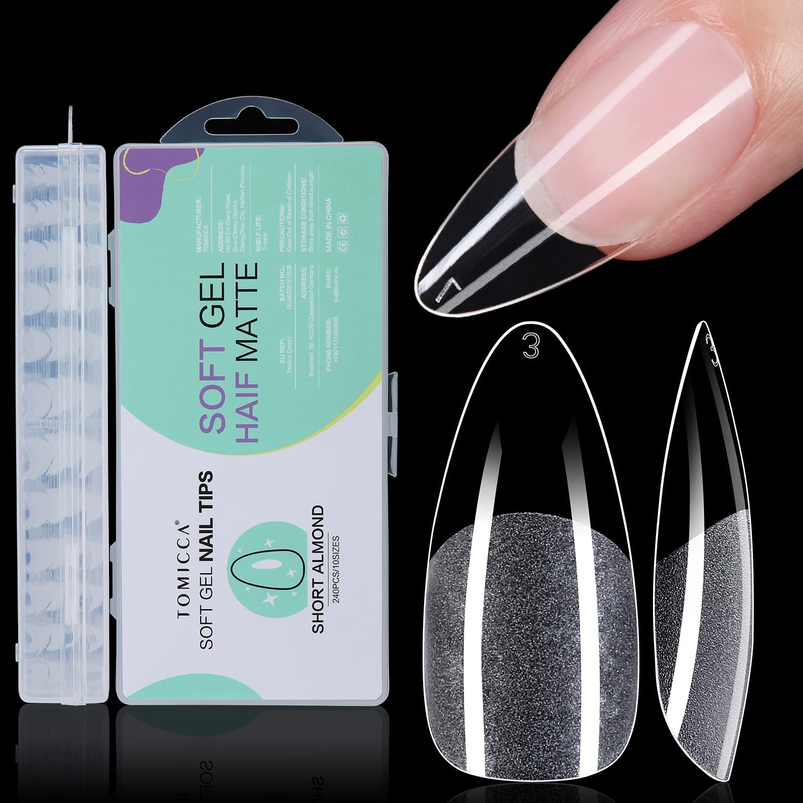 TOMICCA Short Almond Nail Tips Kit 240PCS Acrylic Clear Full Cover Nail Tips Press on Nails for Gel Polish & Nail Extensions, Pre-shaped Fake Nails Strong Durable for Salon and Home Nail Art DIY