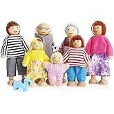 Dollhouse Doll Family Set of 7 Wooden Loving Happy Little People with a Dog, Kids Boys & Girls Happy Playset Accessories for
