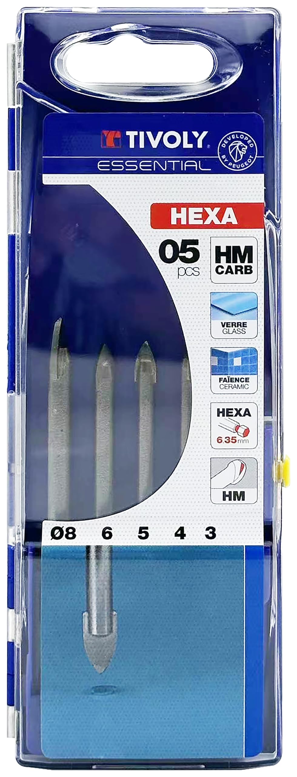 TIVOLY 12000770001 Set of 5 Technic Glass Drills, Diagonal Shank Diameter 3, 4, 5, 6, 8 mm Hex Shank