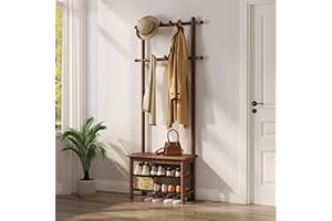 AQIMUELE Coat Rack with Shoe Storage, Narrow Wooden Hall Tree with Bench, 11 Hooks and 2-Tier Storage Shelves, 3-in-1, Entryway Bench with Coat Rack (23.6"-Walnut)