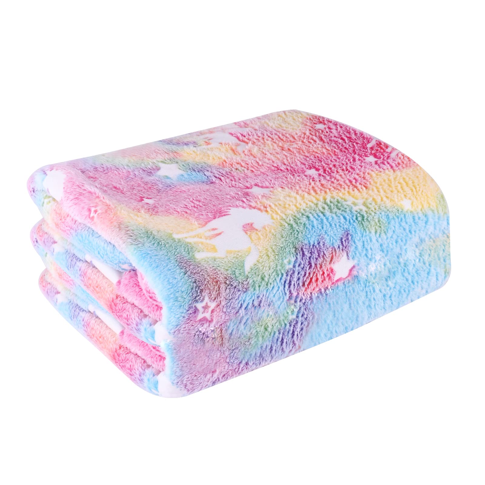 Hileyu Glow in the Dark Blanket, 120x150cm Soft Flannel Fleece Blanket for Kids, Rainbow Unicorn Pink
