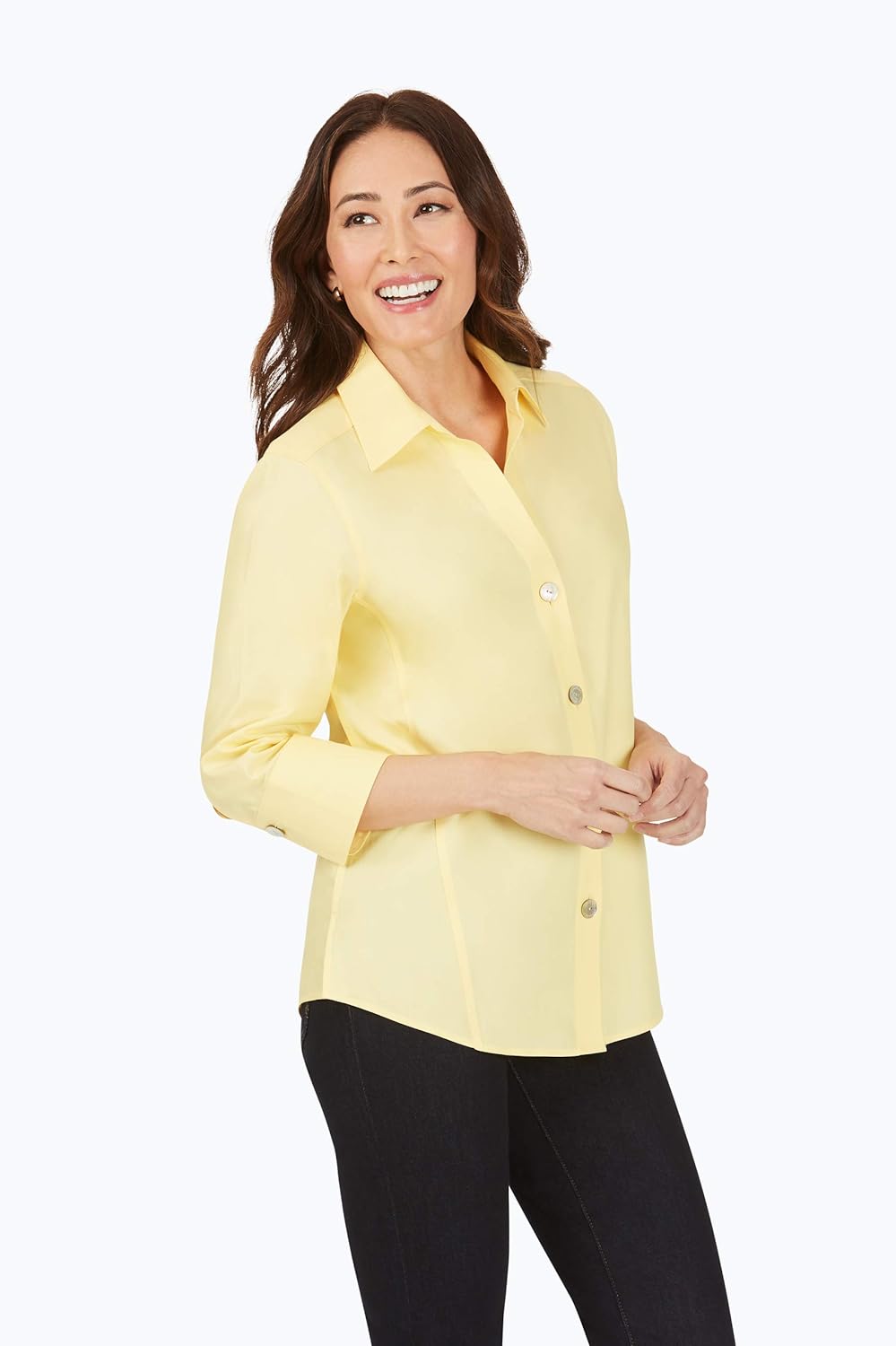 Foxcroft Women's Paityn Petite Non-Iron Pinpoint 3/4 Sleeve Shirt: Clothing