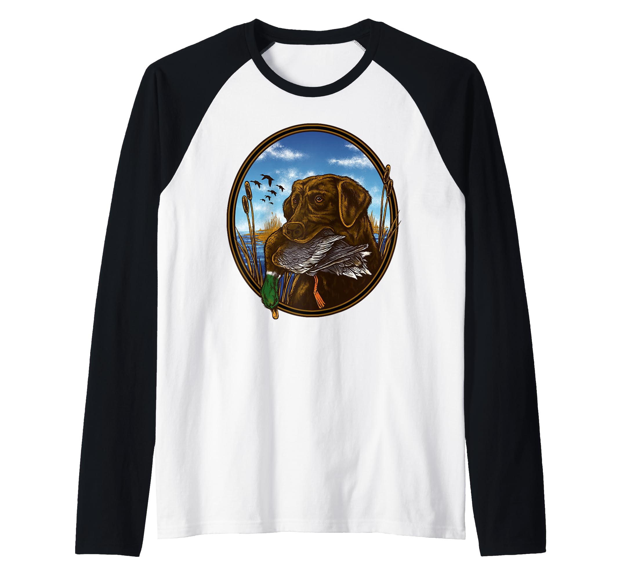 Labrador Retriever with Mallard Duck Hunting Raglan Baseball Tee