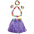 Fortuning's JDS Girl's elastic Hawaiian hula dancer grass skirt with flower costume set -purple Birthday Tropical Party Decorations