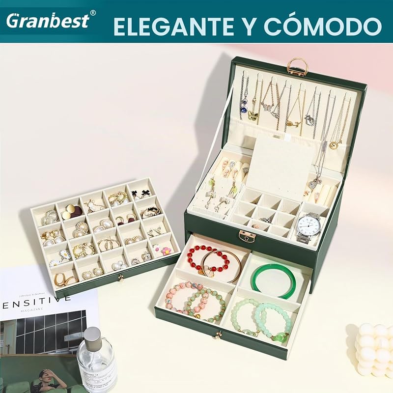 Caja de Joyería de 3 Capas con 2 Cajones, Elegante Organizador de Joyas, Estuche de Almacenamiento de Joyas de Cuero Ideal para Collares, Pulseras, Anillos y Pendientes (Verde Oscuro) — foto 2 de 7