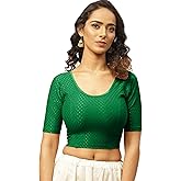 Fressia Fabrics Round Neck Pure Dobby Cotton Stretchable Elbow Sleeve Readymade Saree Blouse for Women Stylish (208_green)